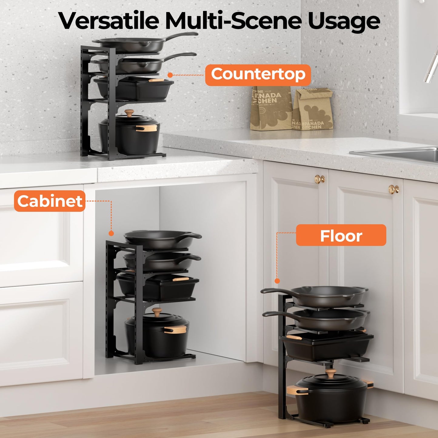 MUDEELA Pots and Pans Organizer under Cabinet 15.75" Tall, 4-Tier Heavy Duty Pan Organizers inside Cabinet Kitchen Storage, Adjustable Pot Rack Holds up to 44 LB Cast Iron Skillets Shallow Cookware