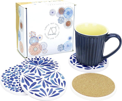 AD Set of 6 Absorbing Round Ceramic Coasters with Cork Base, Tabletop Protection Mat for Mugs & Cups (Indigo Blue)