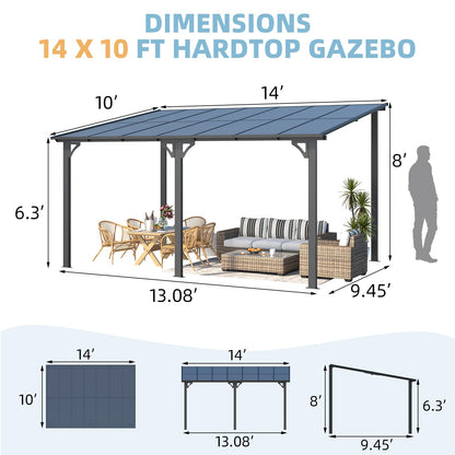 AECOJOY 14' x 10' Gazebo for Patio, Hard Top Lean to Gazebo Pergola with Roof (140 Sq.Ft Shaded), Large Wall-Mounted Heavy Duty Awnings for Patio, Decks, Backyard and More