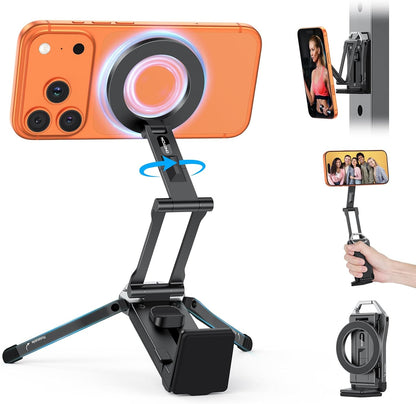 OMOTON 360°Rotating for MagSafe Tripod Mount, Adjustable Aluminum Magnetic Phone Tripod for iPhone 17/16/15/14 Pro Max Air, Foldable Cell Phone Stand Fits Vlog, Gym, Travel Essentials Accessories