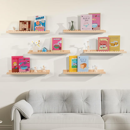 6-Pack 15.7 Inches) NEXHOME PRO Nursery Book Shelves, Solid Pine Wood Floating Shelves for Wall Kids, Wall Mounted
