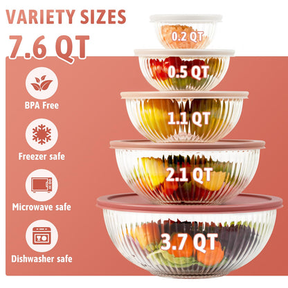 Glass Mixing Bowls with Lids Sets, 5 Packs Glass Bowls with Lids for Kitchen Baking, Meal Prepping and Salad, Bpa Free and Dishwasher Safe Serving Bowls, 0.2/0.5/1.1/2.1/3.7Qt