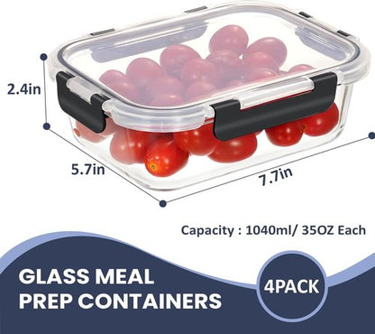 HOTEC 35oz Glass Food Storage Containers - Airtight Lunch & Fruit Containers, 4-Pack | Microwave & Oven Safe