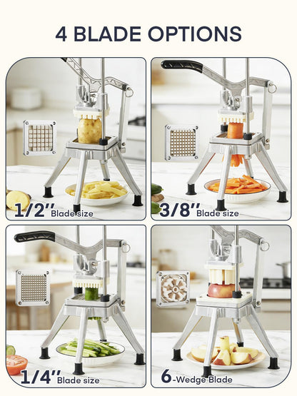 FOHRER Commercial Vegetable Chopper French Fry Cutter – Heavy Duty Potato Dicer with 4 Stainless Steel Blades (1/4", 3/8", 1/2", 6-Wedge) for Restaurant, Food Truck & Commercial Kitchen Prep