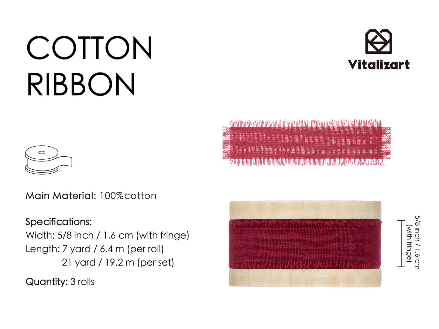 Vitalizart Burgundy Cotton Ribbon Handmade Fringe 5/8" x 21 Yd Red Pure Natural Cotton Ribbons for Gift Wrapping Wedding Invites Bridal Shower Bouquets Holiday Decor