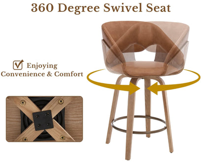 HNY 26 Inch Swivel Bar Stools with Back Set of 4, Brown Faux Leather Upholstered Counter Height Barstools with Solid Bentwood Frame, Round Footrest, Modern Barrel Counter Stools for Kitchen Island