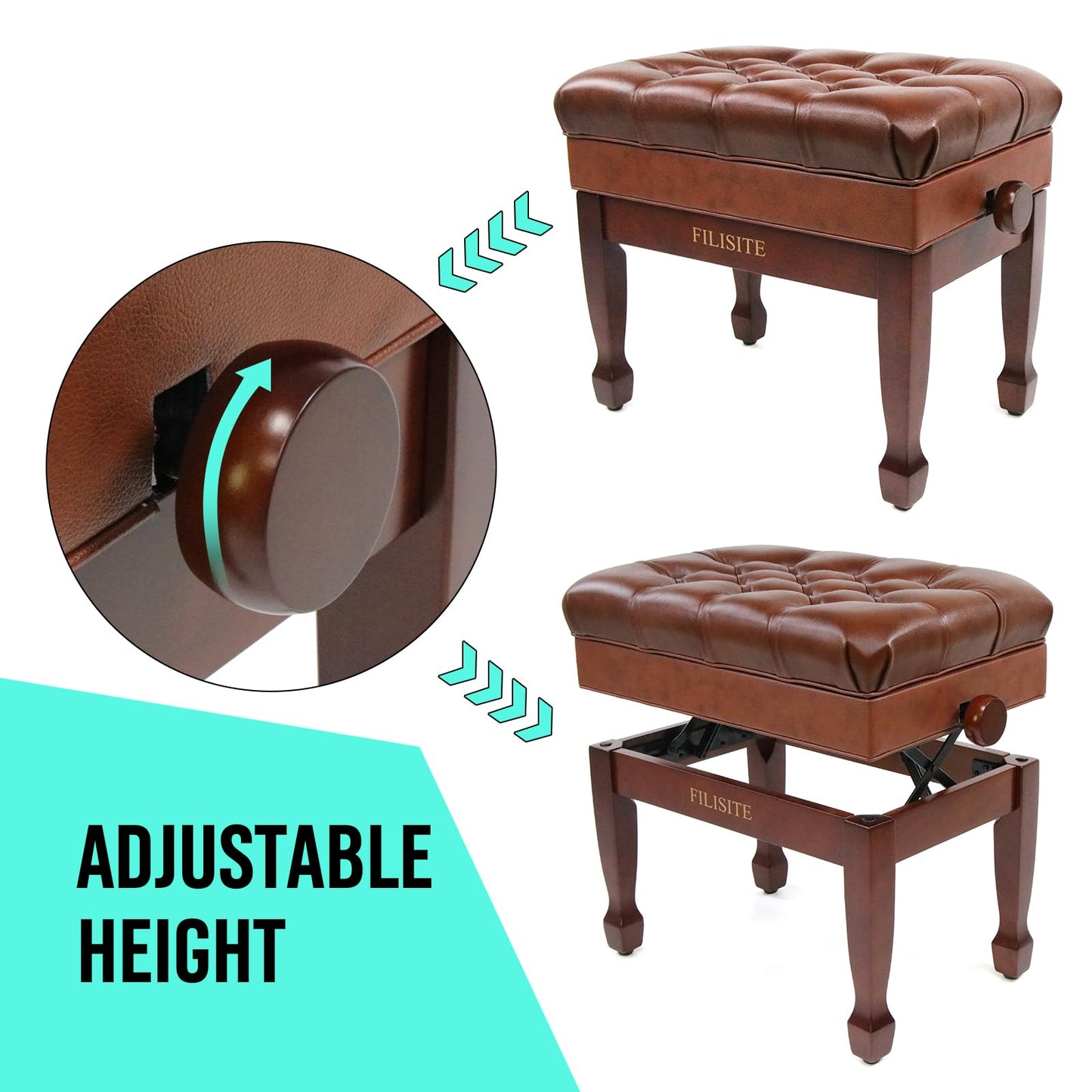 FILISITE Genuine Leather Adjustable Piano Bench with Storage Compartment, Heavy Duty Solid Wooden Keyboard Stool with Padded Cushion Seat (Brown)