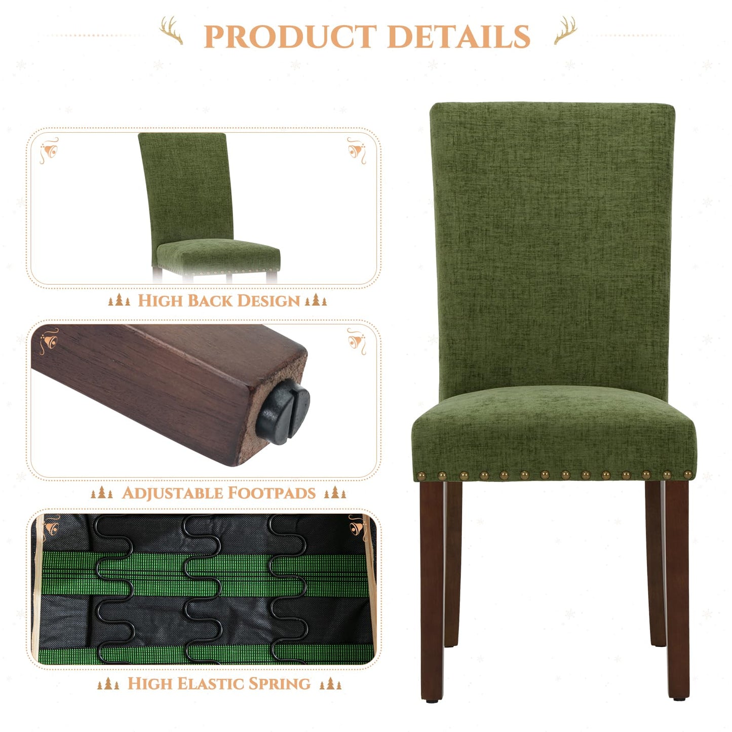 Parsons Dining Chairs Set of 6, Upholstered Nailhead Dining Room Kitchen Side Chair with Thick Cushions and Wood Legs, Green