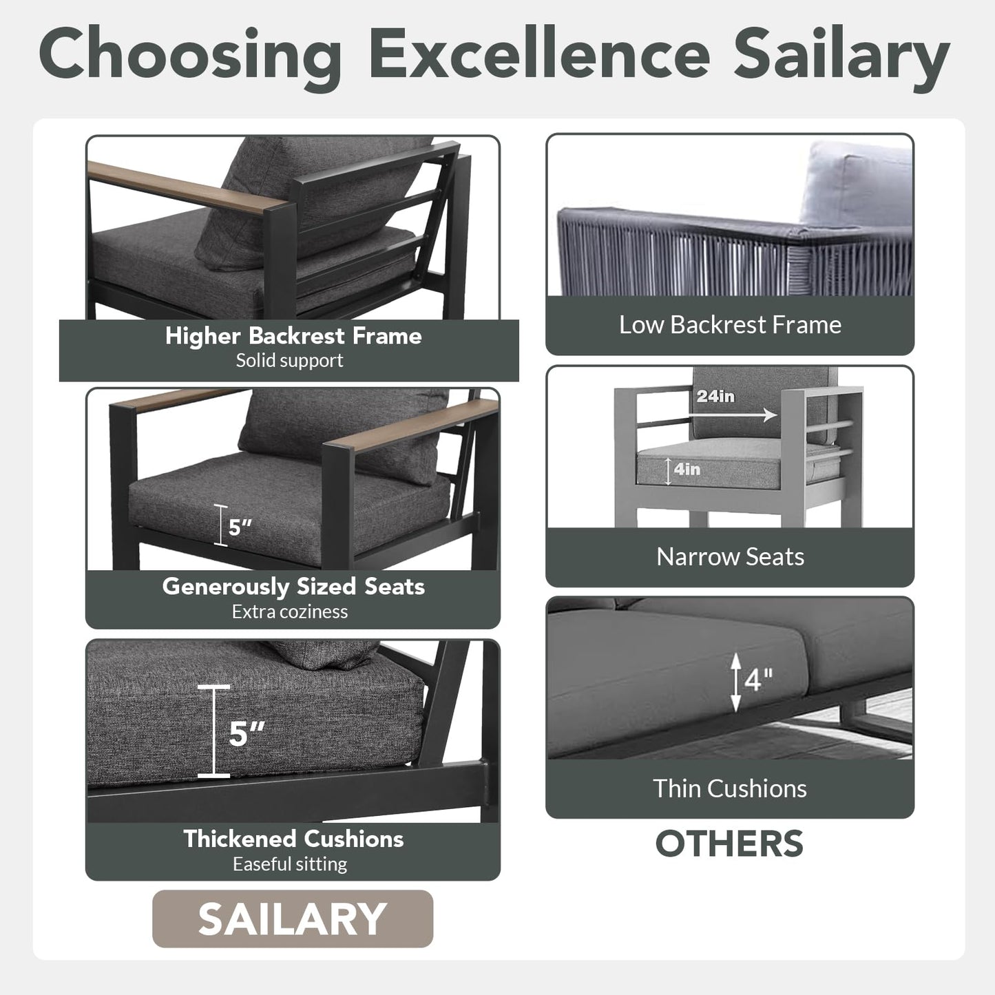 SAILARY Outdoor Patio Furniture Set 9 Pieces Luxury Aluminum Patio Conversation Set with Coffee Table and 2 Ottoman 11 Seats, Thick Cushions, Large Sectional Sofa for Porch, Balcony, Yard, Dark Gray