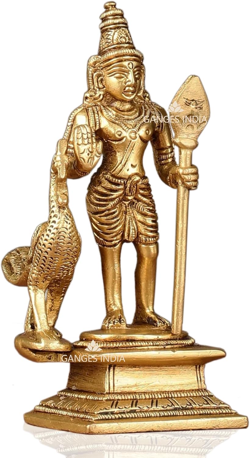 God Murugan Swami Miniature Brass Statue with Peacock, Handcrafted Decor Item for Home, Temple, Gifting, 2.25 x 3 x 4.3