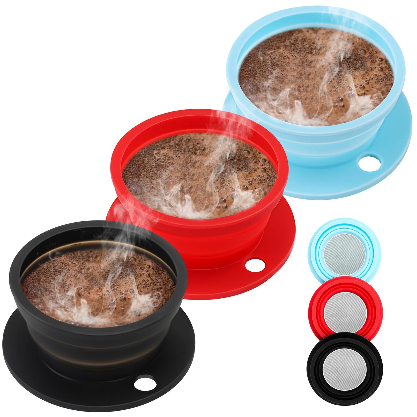 2-Packs Travel Collapsible Paperless Pour Over Coffee Dripper Kit with Stainless Steel Filter, Travel Pour Over Coffee Maker Camping, Silicone Coffee Strainer Pour Over Single Cup (Brown+Black)