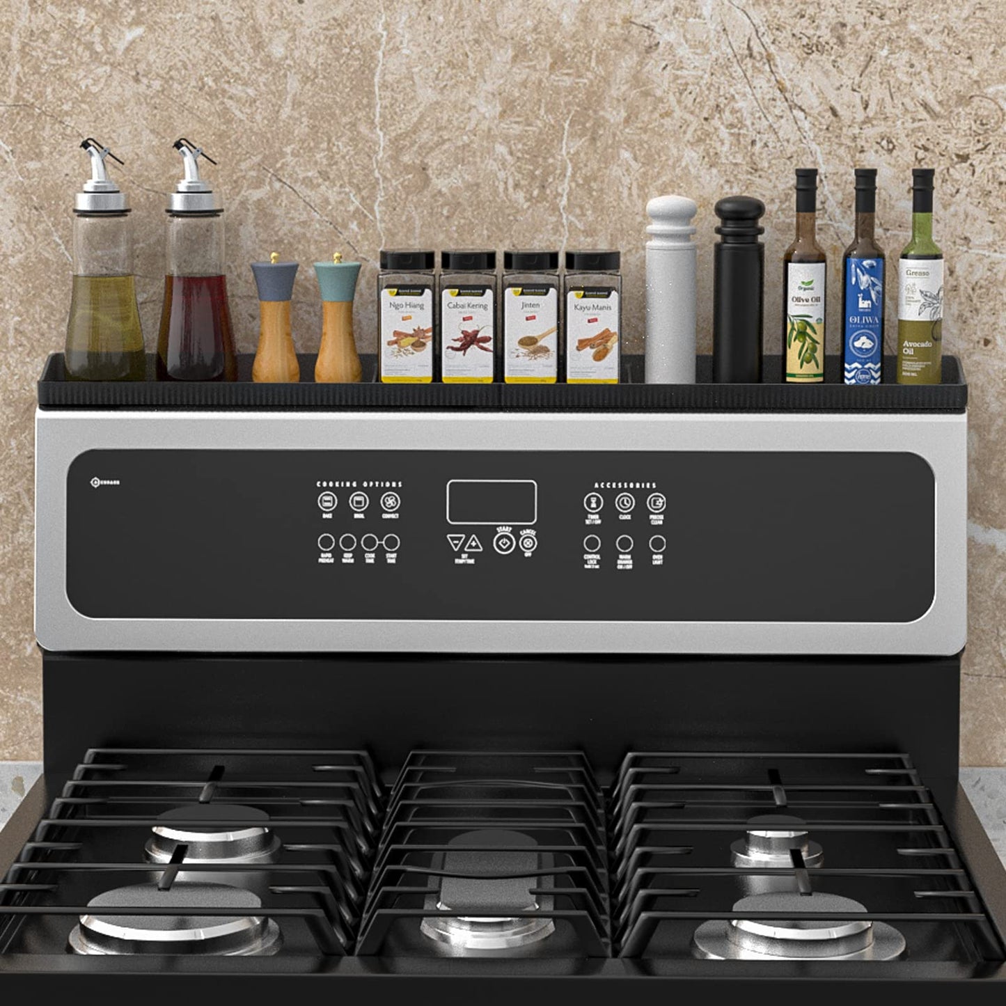 Magnetic Stove Top Shelf 30 Inch - Heat Resistant Silicone Over the Stove Shelf Spice Rack Organizer - 3 Functional Partitions Kitchen Organization and Storage for Spices, Oils & Gadgets (Black)
