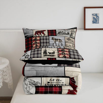 Rustic Cabin Comforter Set Full Woodland Wolf Deer Bear Comforter For Kids Adults,Red Black Buffalo Plaid Bedding Set Wildlife Camping Lodge Mountain Quilt Bedding Southwestern Farmhouse Decor