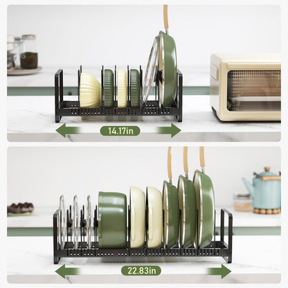 MUDEELA Pots and Pans Organizer Rack for under Cabinet, Expandable 11.81''-22.85'' Pot Lid Kitchen Cabinet Organizer Holder with 10 Adjustable Compartment Cutting Board Organizer for Pan Lid, Bakeware