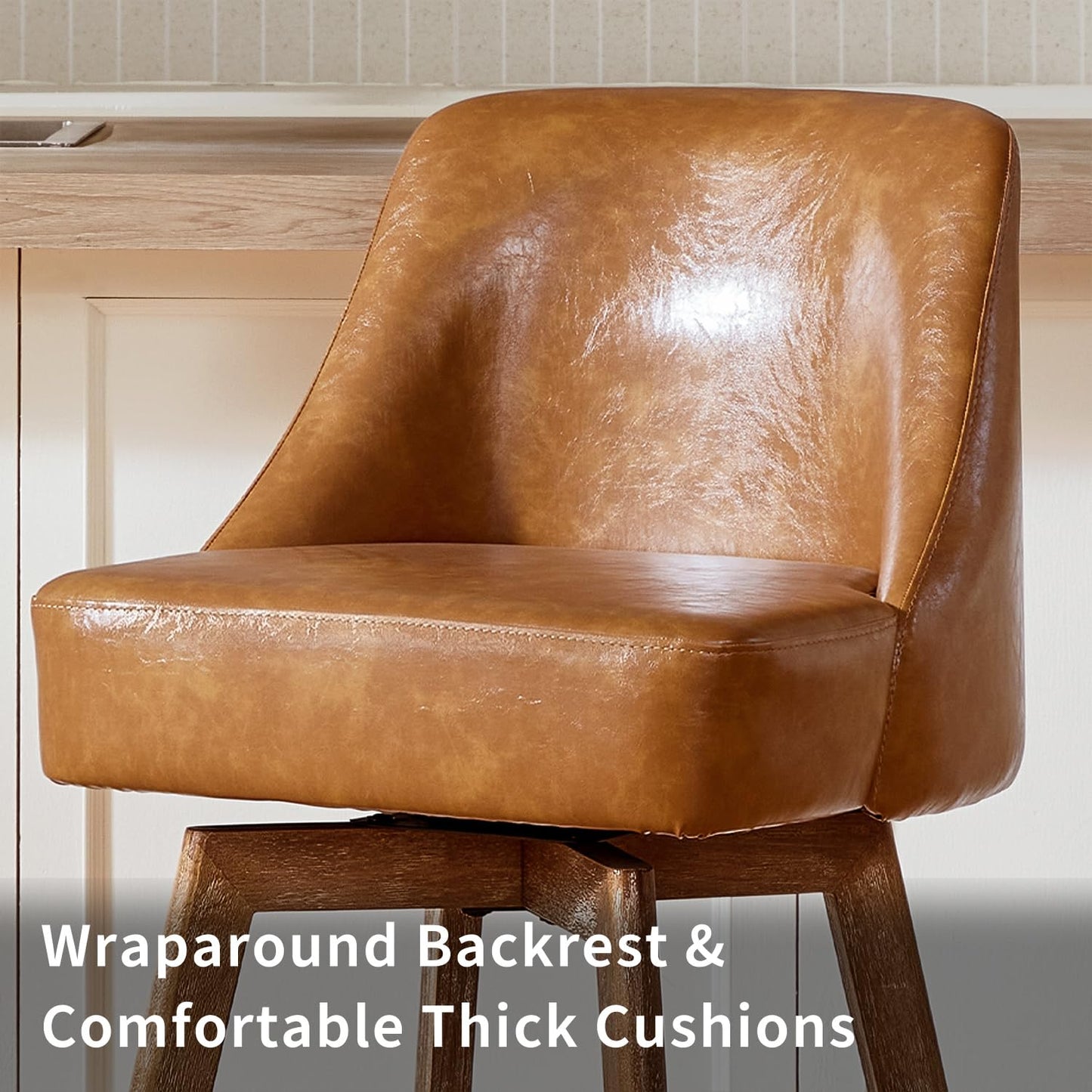 Finekoze Counter Height Bar Stools,Brown-Colored Faux Leather Comfort Fabric Bar Stool Set of 2，360° Swivel Counter Height Stools Solid Wood Legs,27'' Barstools with Contoured Backrest