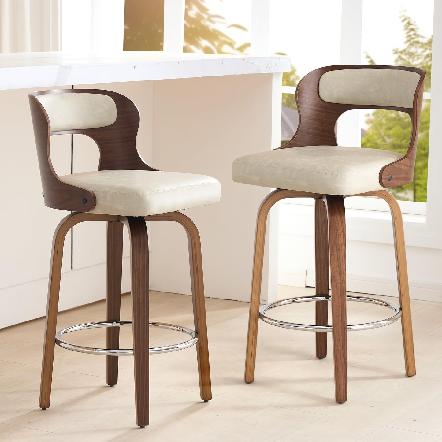 ClinQ Counter Height Bar Stools 26" Barstools with Bentwood Legs and Back, Faux Leather 360° Swivel Counter Stools, Mid Century Accent Bar Stools Set of 4 for Kitchen, Restaurant, Grey
