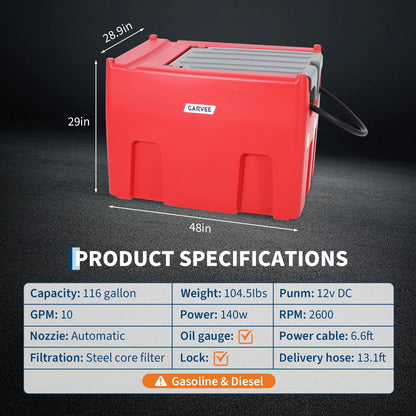 Garvee 116 Gallon Portable Fuel Transfer Tank with 12V Electric Pump, 10 GPM Fast Flow, 13ft Hose & Auto Shut-Off Nozzle, Heavy Duty Poly Fuel Storage Container for Farm, Truck, Equipment, Red
