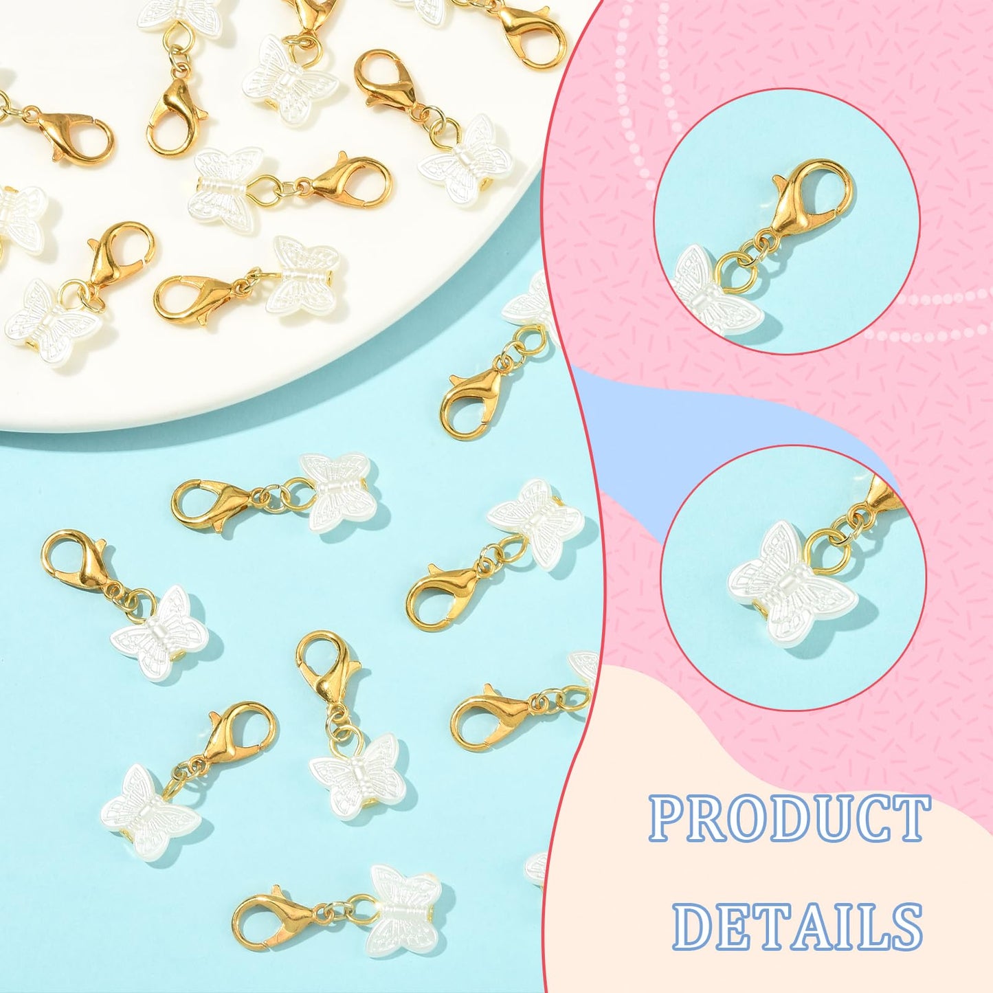 LEGENTLISUR 100PCS Butterfly Charms for Jewelry Making White Clip on Charms Acrylic Pendant with Lobster Clasps for Stitch Markers DIY Earrings Bracelet Crafts