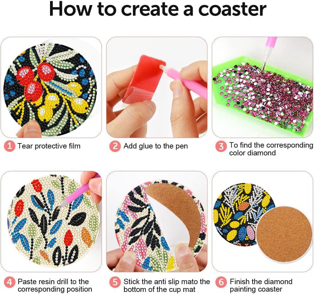 DOTZSO 8 Pcs Diamond Art Coasters Kit with Holder, Diamond Art Kits for Adults Beginners Small Diamond Painting Coasters, Arts and Crafts for Adults Supplies Item Sets (Flower)