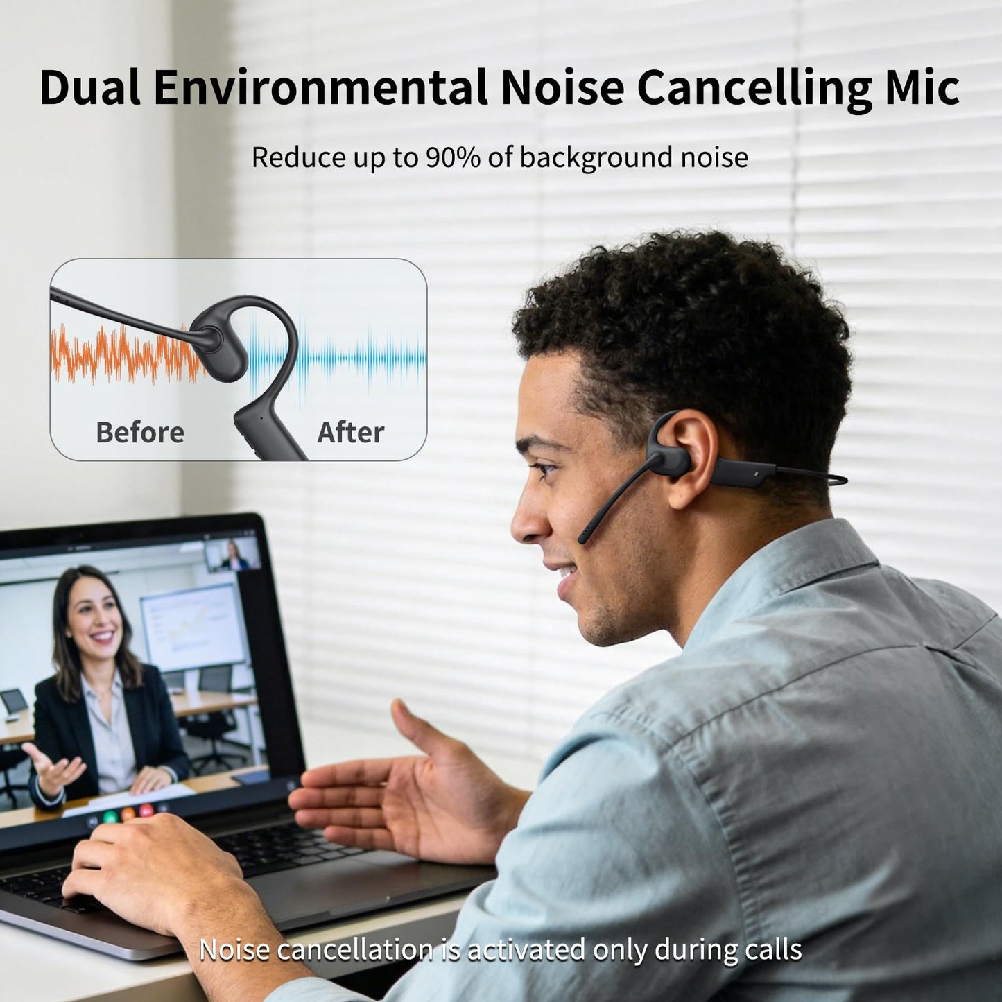 CXK Open Ear Headphones with Mic, 23g Lightweight, Bluetooth 5.4 Headset, Dual Noise Canceling Mic for Clear Calls & Mute Button, 12H Playtime Air Conduction Headphones for Call, Meeting, Driving