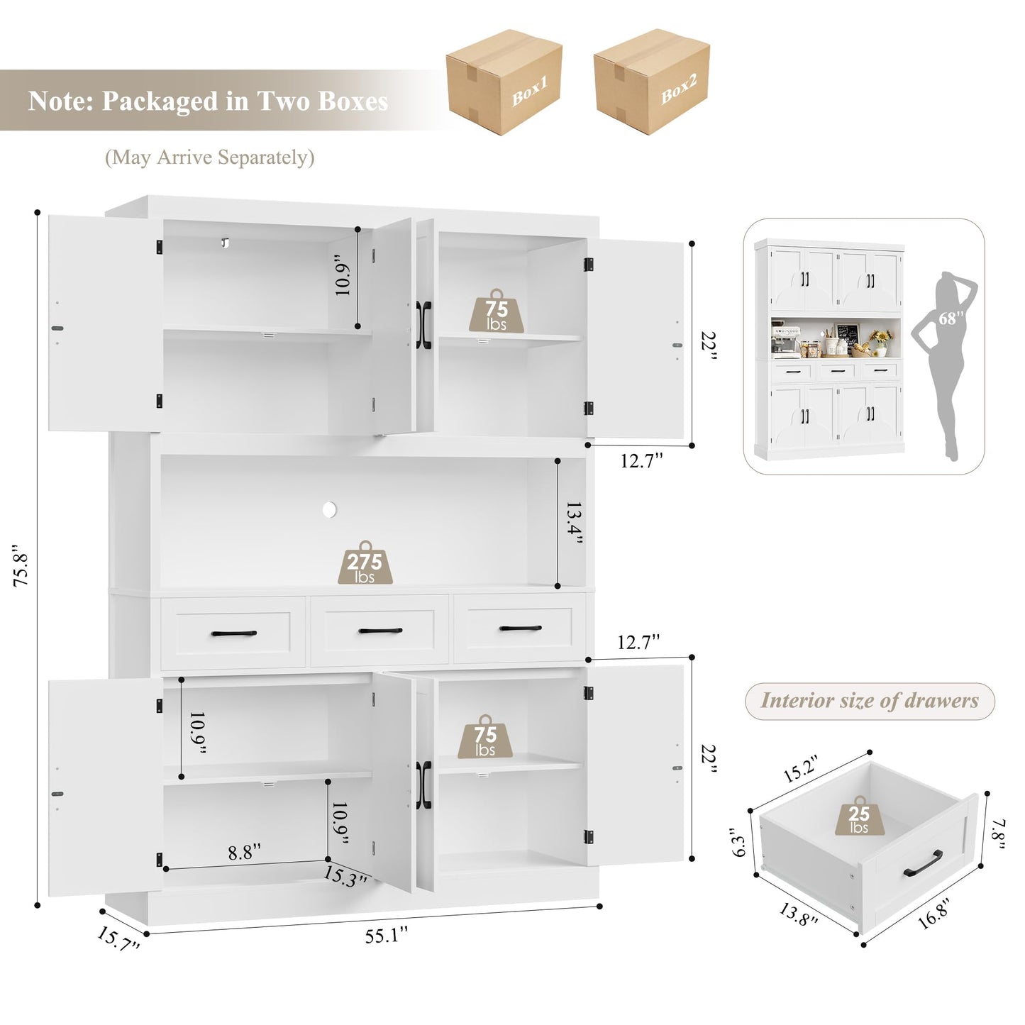HITHOS 76" Tall Kitchen Pantry Storage Cabinet, 55“ Wide Kitchen Hutch Cabinet with Storage Drawers, Large Food Pantry with Microwave Stand, Modern Cupboard with Hutch for Dining Living Room, White
