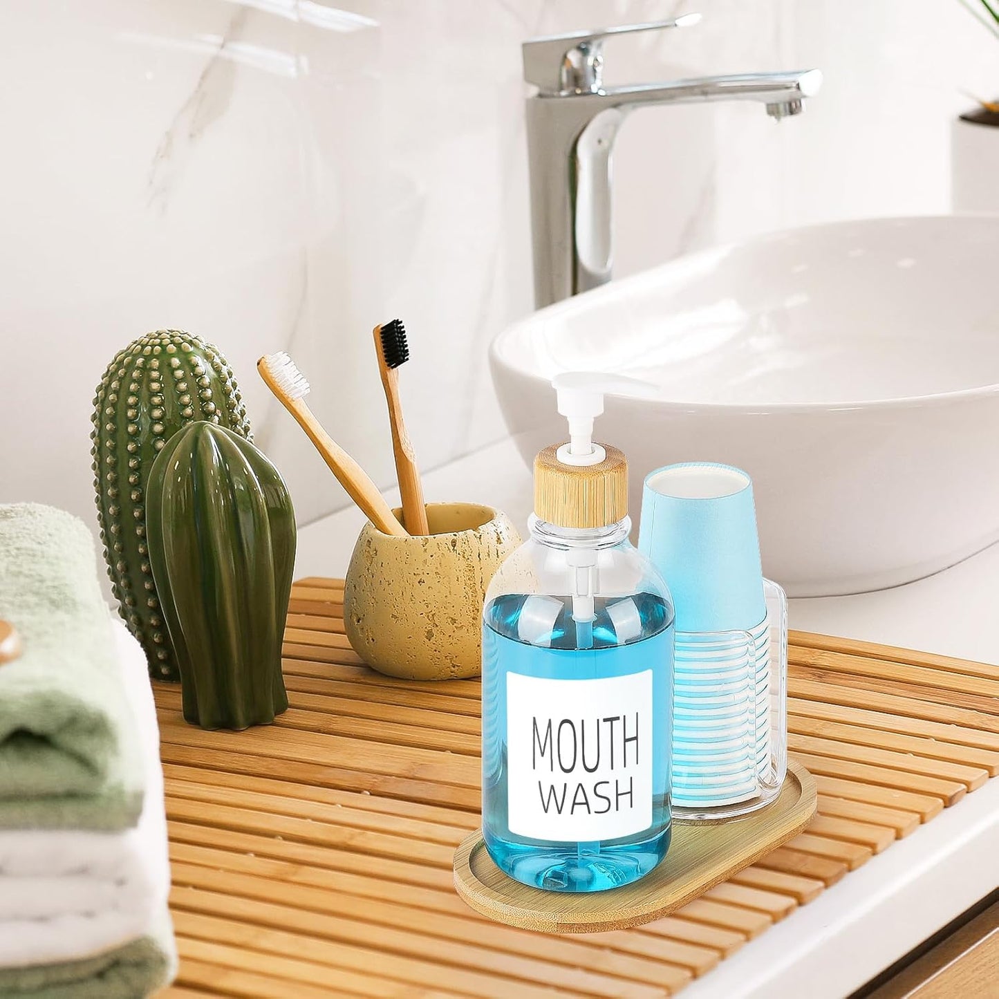 17oz Mouthwash Dispenser with Cup Holder, Plastic Mouth Wash Pump Bottle with Tray for Bathroom Organizers, Refillable