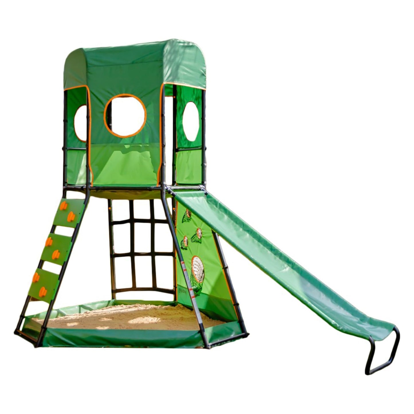 gobaplay SummitPro Climbing Tower with Slide, 600 lb Capacity, Green - Outdoor Backyard Playset with Climbing Walls and Sandbox for Kids 6+