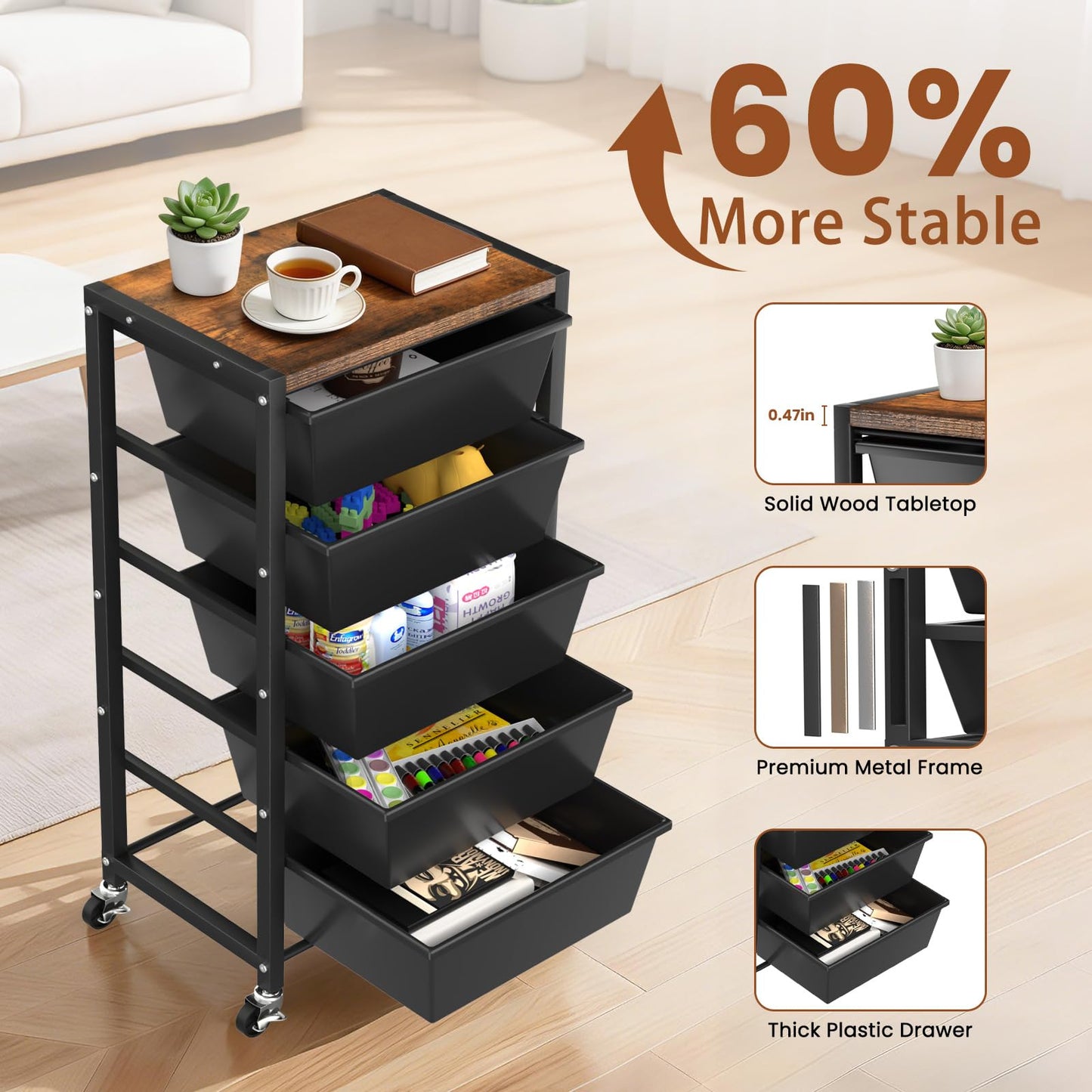Rolling Cart with 5 Drawers, Plastic Drawer Storage Carts with Wheels & Wooden Tabletop, Metal Utility Cart for Office Bedroom Living Room Classroom, Craft Organization and Storage, Black