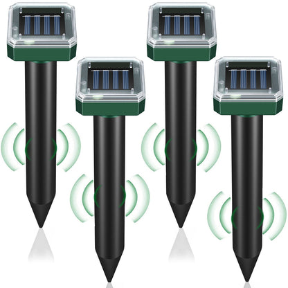 Mole Repellent Solar Powered 4 Pack,Snake Vole Repellent Outdoor, Gopher Repeller Ultrasonic Solar Powered for Lawn Garden Waterproof, Sonic Mole Spikes,Get Rid of Moles Groundhog Chipmunk Repellent