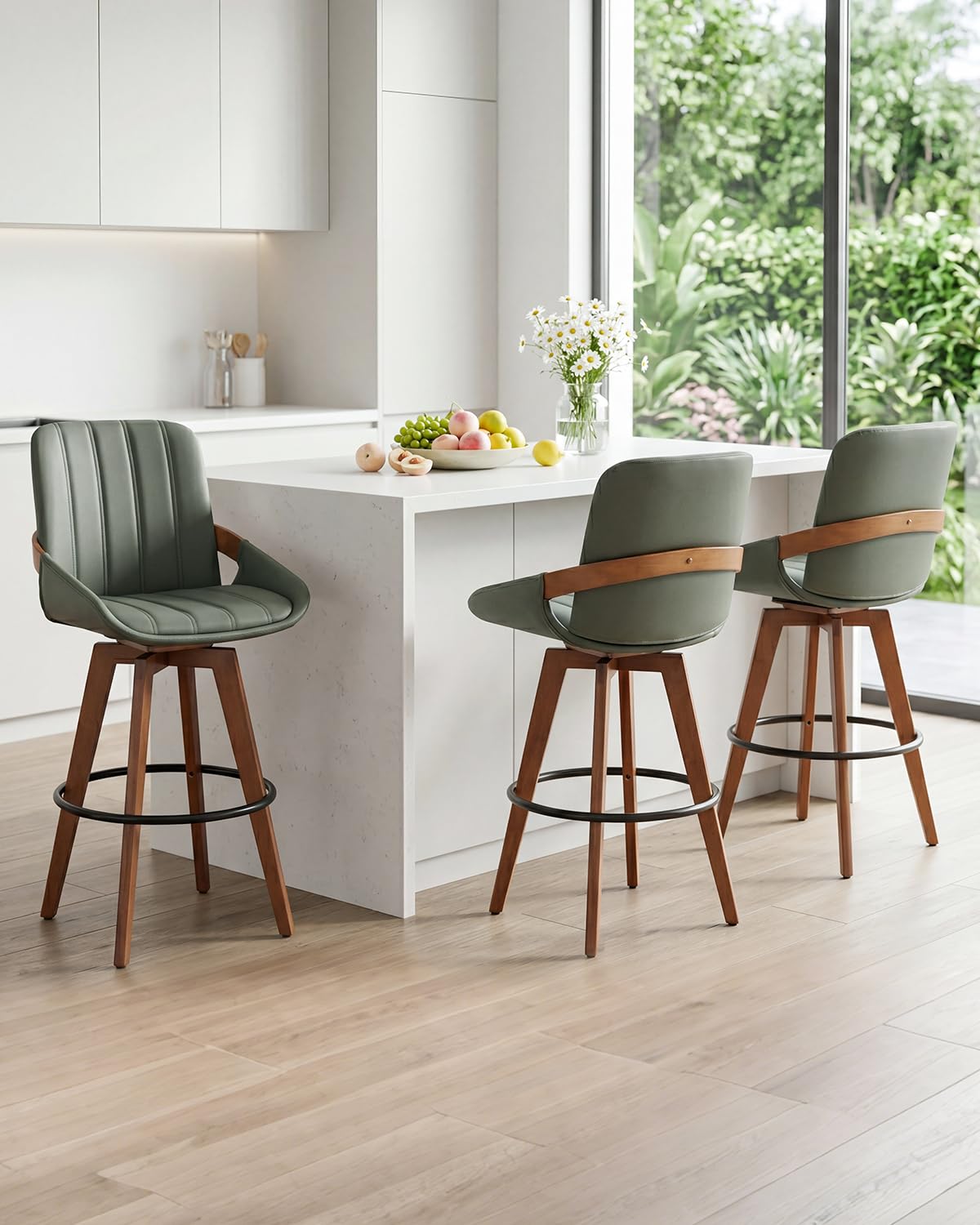 AQG Green Bar Stools 30 Inch Set of 2 Leather Bar Height Stools with Backs, Mid Century Modern Swivel Bar Chairs, Upholstered Barstools Wood Frame for Kitchen Island
