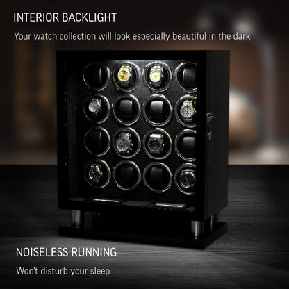 16 Watch Winder for Automatic Watches with LED Light and Coordinated Rotor Stop (Ebony)