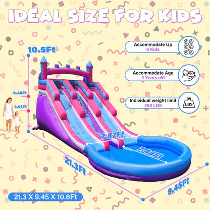 Grade Inflatable Water Slide for Kids and Adults, 21x12x9FT Giant Pink and Blue Water Slide with Blower and Double Slide, Water Slide Bounce House for Backyard Summer Party (Dual Slide Pink Waves)