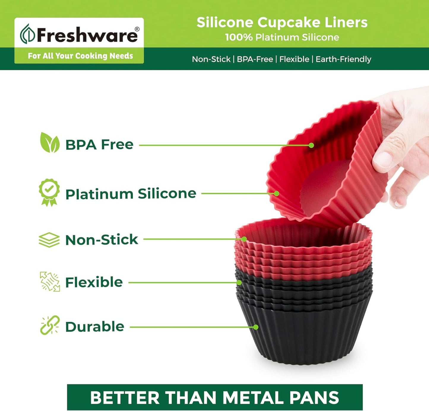Freshware Cupcake Liners, Pack of 12 Silicone Muffin Cups, 3.8 Inch Reusable Non-Stick Baking Cups for Parties