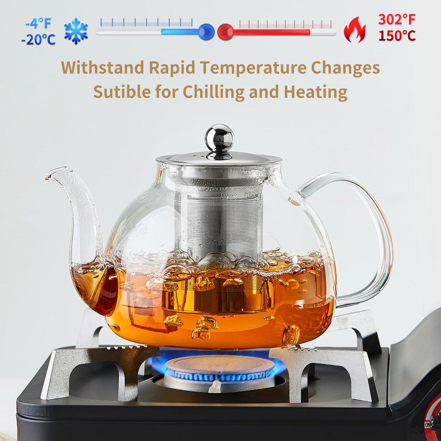 DOPUDO 40OZ (1200ML) Glass Teapot with Infuser Stovetop Safe, Clear Glass Tea Pot Kettle, Borosilicate Tea Pot with Infusers Filter for Loose Tea, Tea Kettle Dishwasher Safe