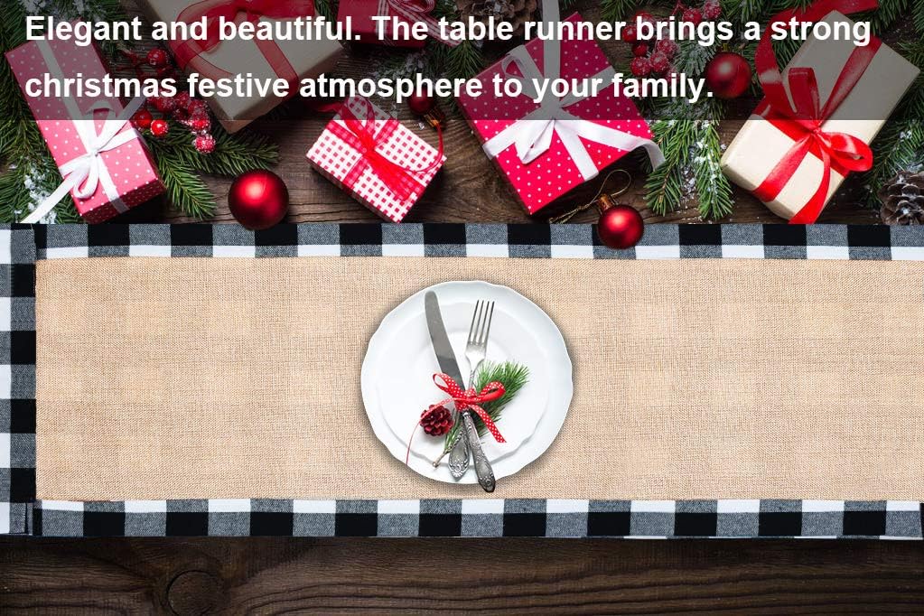 Senneny Christmas Table Runner 14 x 72 Inch, Burlap & Cotton Black White Plaid Reversible Buffalo Check for Holiday