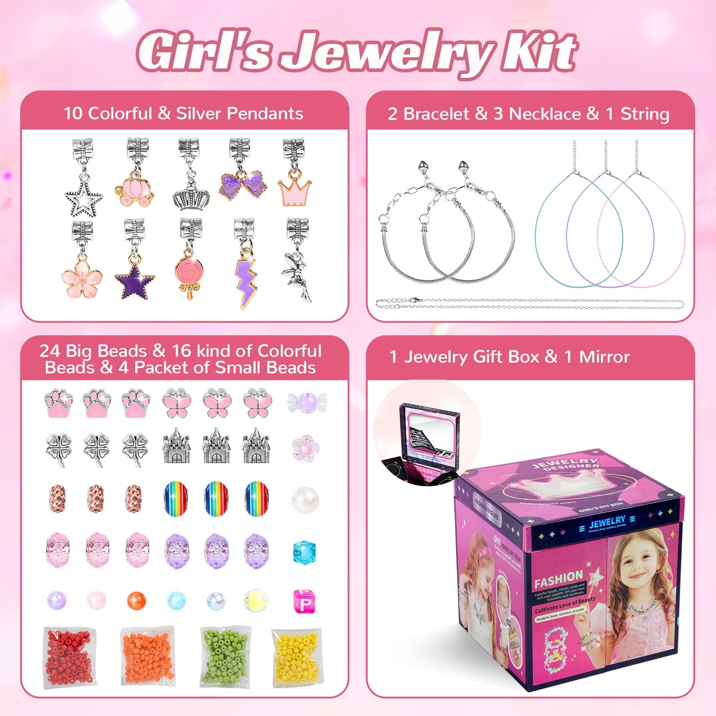 JeeMoien Charm Bracelet Making Kit for Girls 5 6 7 8-12, Friendship Bracelet Kit DIY Craft Jewelry Making Kit Birthday Gift Toy for 6 7 8 9 10 11 Year Old with Portable Jewelry Box, Pink