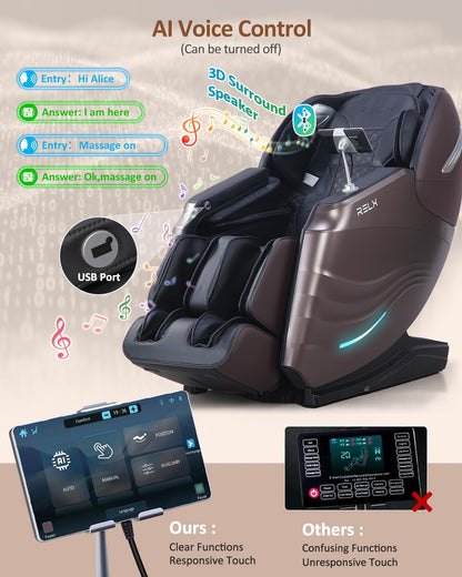 RELX Massage Chair Full Body, 20 Modes Zero Gravity SL-Track Shiatsu Massage Chair Built-in Heat System, Airbag Massage with Body Scan, Deep Yoga Stretch, Calfrest Extension and AI Control(Brown)