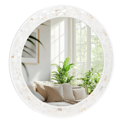 Tanmicoshomy Round Wall Mirror 24 Inch,Circle Mosaic Mirror with Natural Mother of Pearl and Wood Frame, Decorative Coastal Round Wall Mirror for Bathroom Bedroom Living Room Entryway