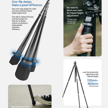 YC Onion Tako T23 Carbon Fiber Tripod with 44mm Ball Head, 3/8" Top Thread, 360° Rotation, 3 Leg Sections, One Flip Quick Release, Travel Tripod Stand for DSLR Cameras,Camcorders (Max Load 22lb)