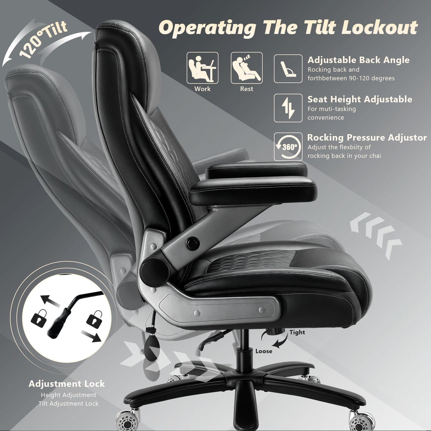 650LBS Big and Tall Office Chair with 5D Flip Arms and Thick Pocket Spring Cushion, Extra Wide Heavy Duty Office Chair & Adjustable Lumbar Support, Large High Back Computer Chair Dual Rubber Wheel