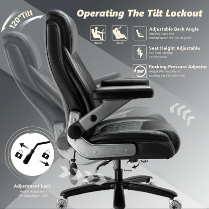 650LBS Big and Tall Office Chair with 5D Flip Arms and Thick Pocket Spring Cushion, Extra Wide Heavy Duty Office Chair & Adjustable Lumbar Support, Large High Back Computer Chair Dual Rubber Wheel