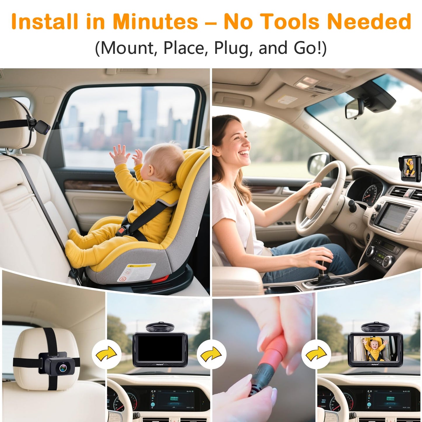 Rohent Baby Car Camera HD 1080P - Rear-Facing Infant Monitor with Night Vision Car Camera for Baby 150° Wide-Angle Lens Anti-Glare Screen Easy Install 360° Adjustable Display