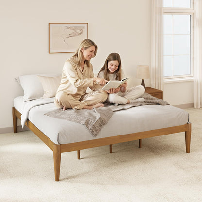 IOTXY Twin-XL Platform Bed Frame - Solid Wood 16-Inch Height Mattress Foundation Base with Densely Slats and Heavy-Duty Support Legs, No Box Spring Needed, Teak