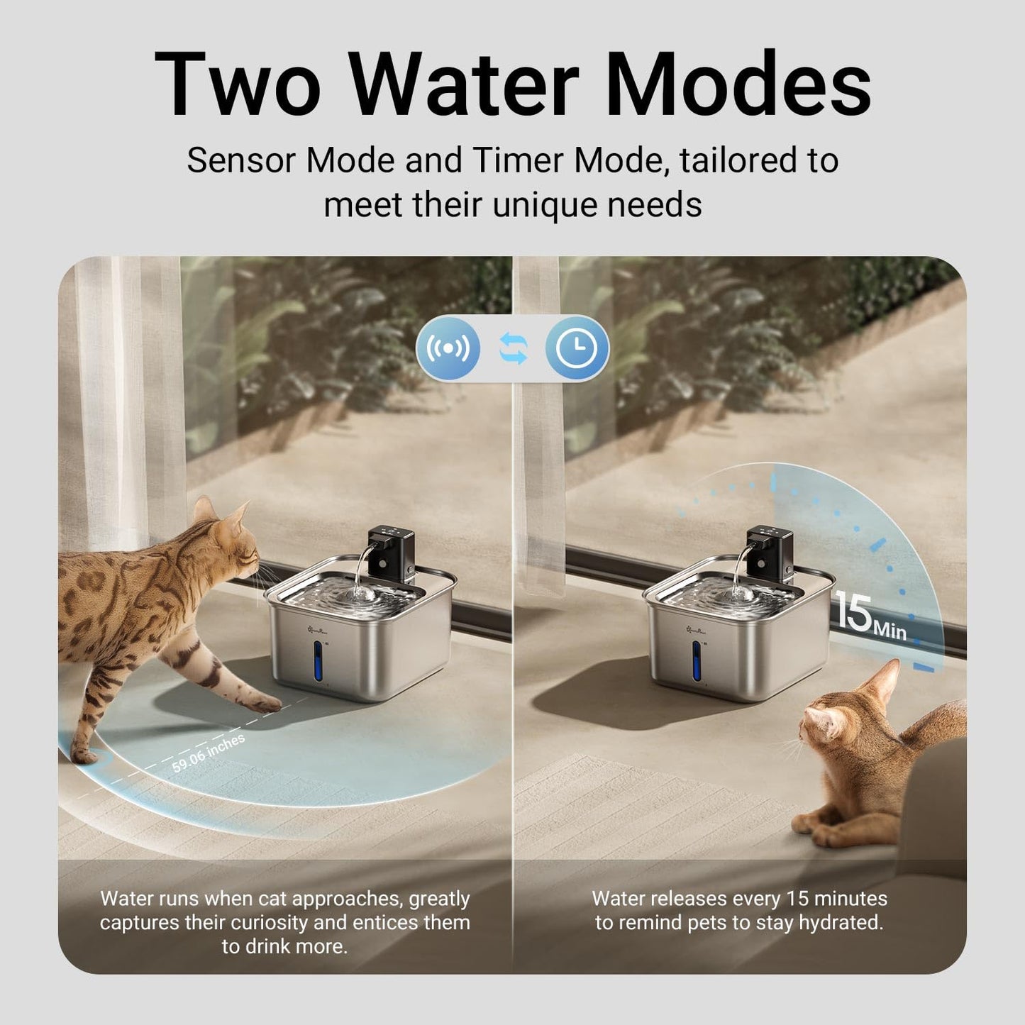 DownyPaws Cat Water Fountain Stainless Steel Wireless, 101 oz/3L FurSink Cordless Cat Water Dispenser for Pets, Battery Operated Dog Drinking Fountain with Motion Sensor, Easy Clean, Black