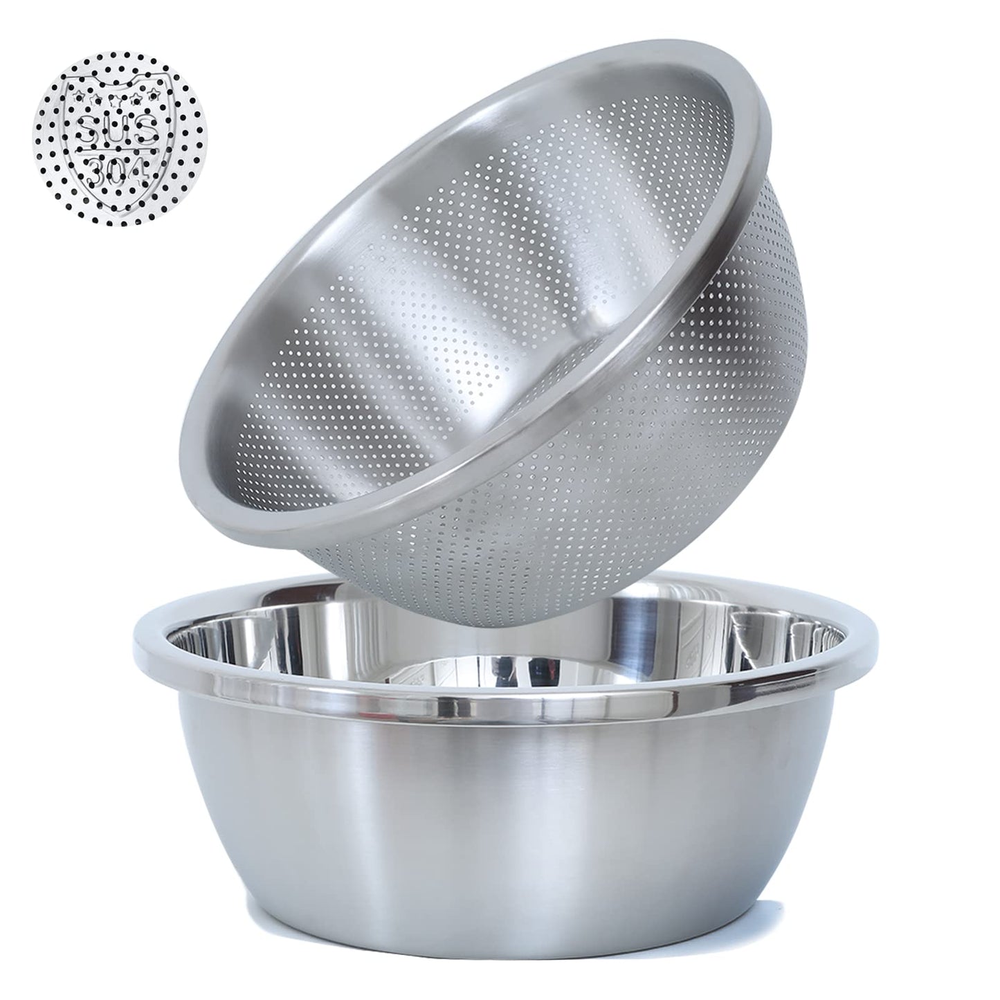 304 Stainless Steel Microporous Colander, 1.5QT Large Capacity with Mixing Bowl For washing vegetables, fruit and rice and for draining cooked pasta(2PC)
