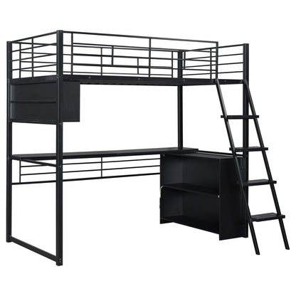 Merax Twin Size Metal Loft Bed with LED, Desk, 4 Storage Shelves, Full-Length Guardrails and Ladder for Kids Teens Adults, Black