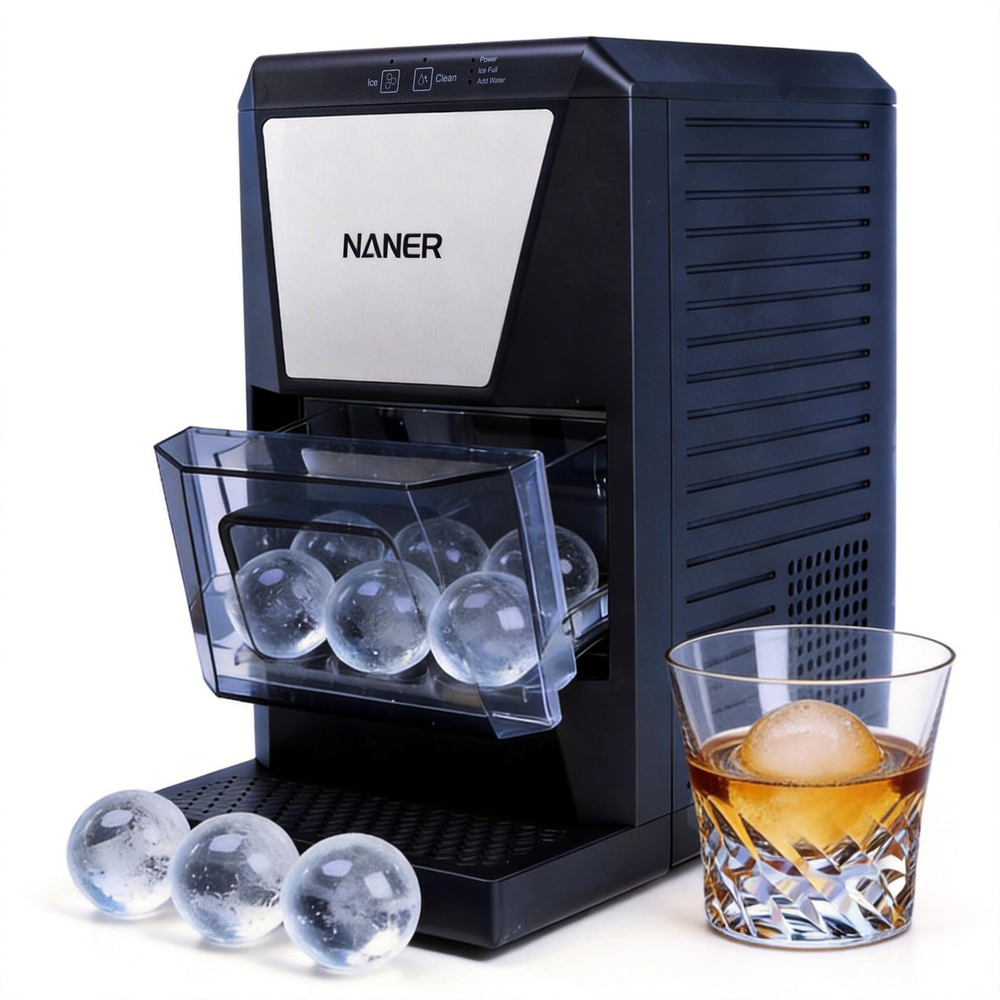 Naner 2" Clear Ice Ball Maker with IcyGem Technology,2 pcs in 50 Mins,60 pcs/Day,Sphere Ice Maker,Self-Cleaning,with Ice Tong for Bar Whiskey & Bourbon
