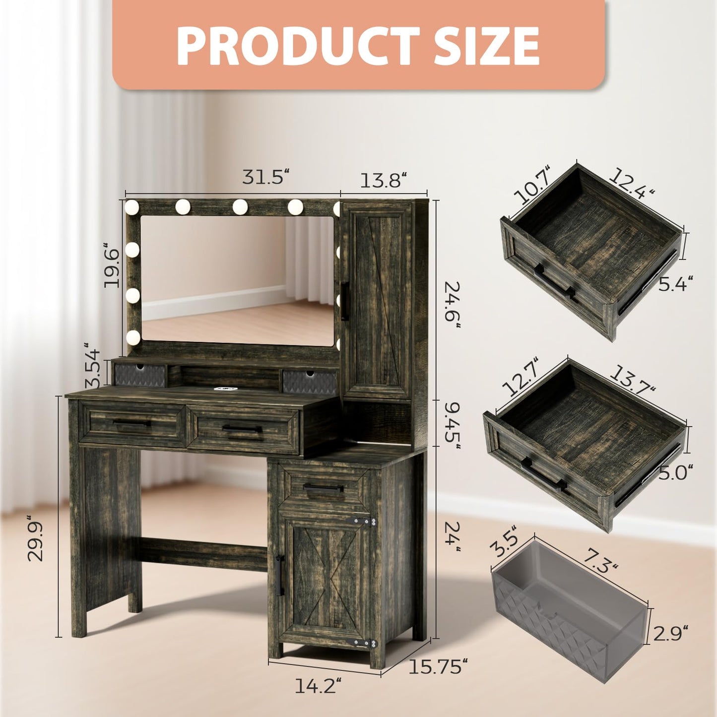 Trygoal Farmhouse Makeup Vanity with Motion Sensor Lights, Rustic Brown Vanity Desk with Mirror, Built-in Charging Station, Wood Dressing Table with 2 Drawers & Acrylic Organizers, 43.3" W