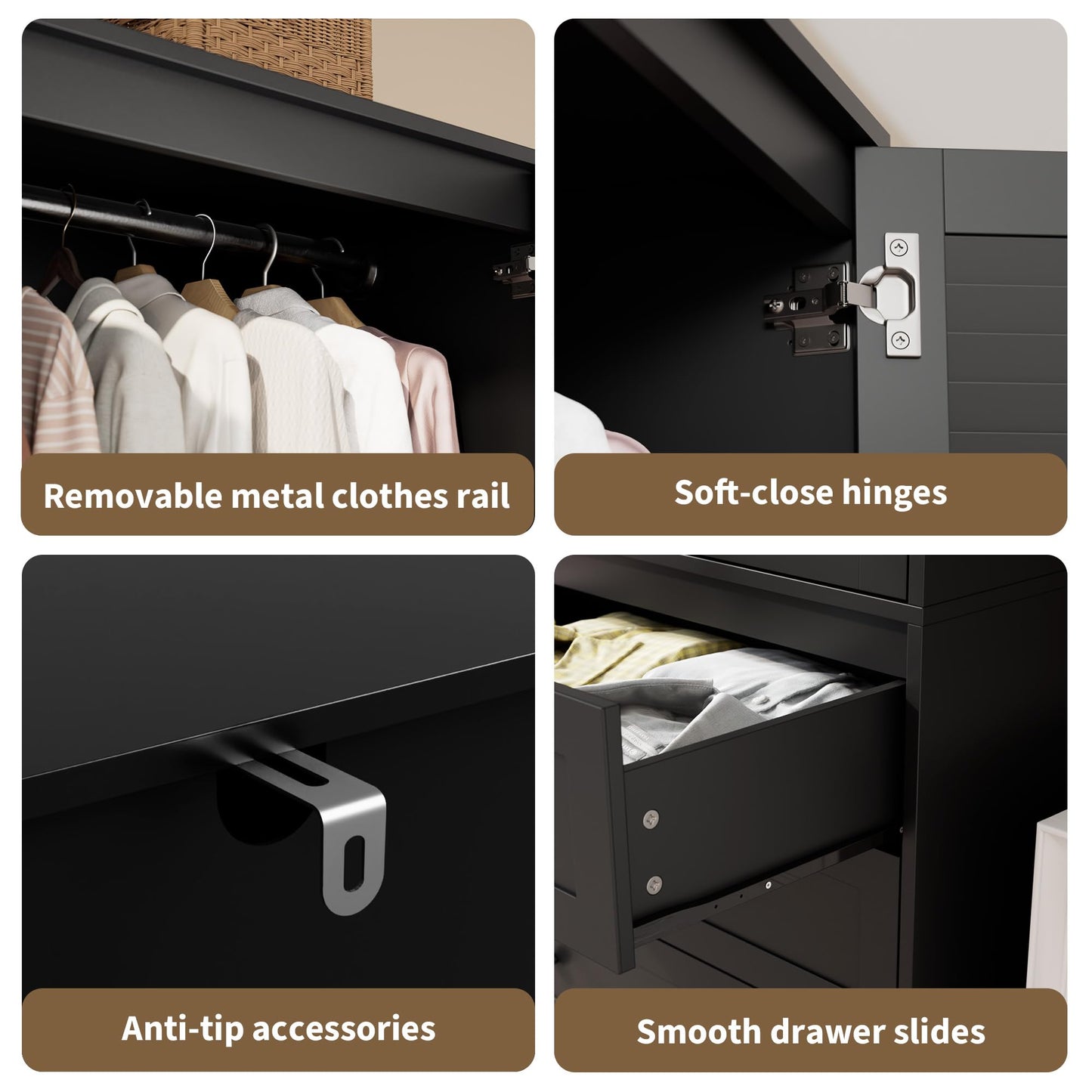 GarveeHome Armoire Wardrobe Closet with 3 Drawers, 69.5" Wooden Wardrobe Cabinet, Hanging Rod, 2 Doors Clothing Storage Cabinet for Bedroom, Large Capacity Storage, Louvered Door, Black