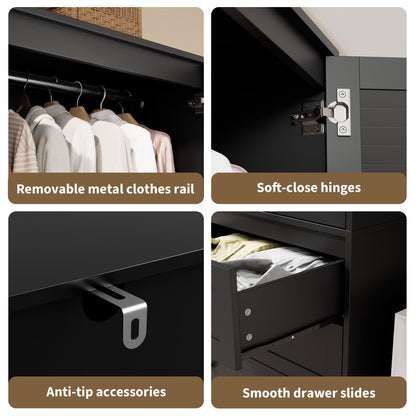 GarveeHome Armoire Wardrobe Closet with 3 Drawers, 69.5" Wooden Wardrobe Cabinet, Hanging Rod, 2 Doors Clothing Storage Cabinet for Bedroom, Large Capacity Storage, Louvered Door, Black
